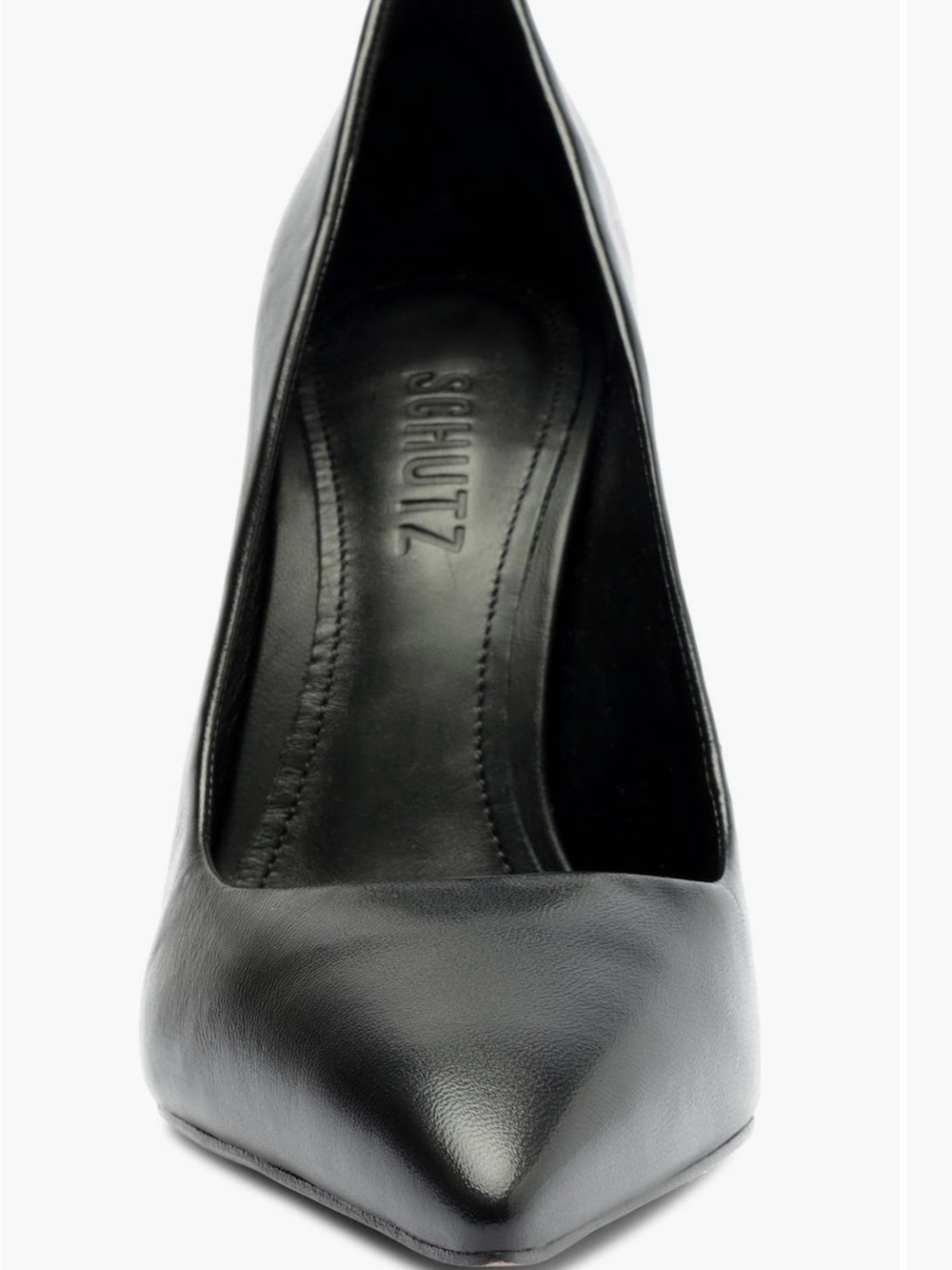 SCHUTZ Black Leather Pointed-Toe Pumps with Gold Geometric Heel - Picture 4 of 9